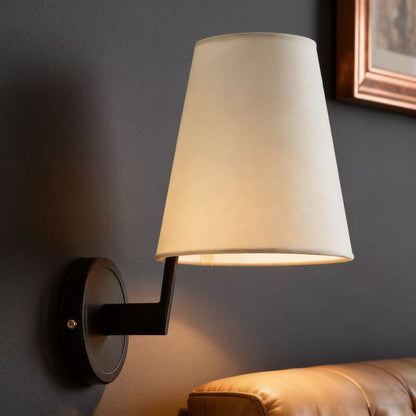 Vintage Wall Sconce Curved Wood Arm Fabric Shade Hardwired Bedroom