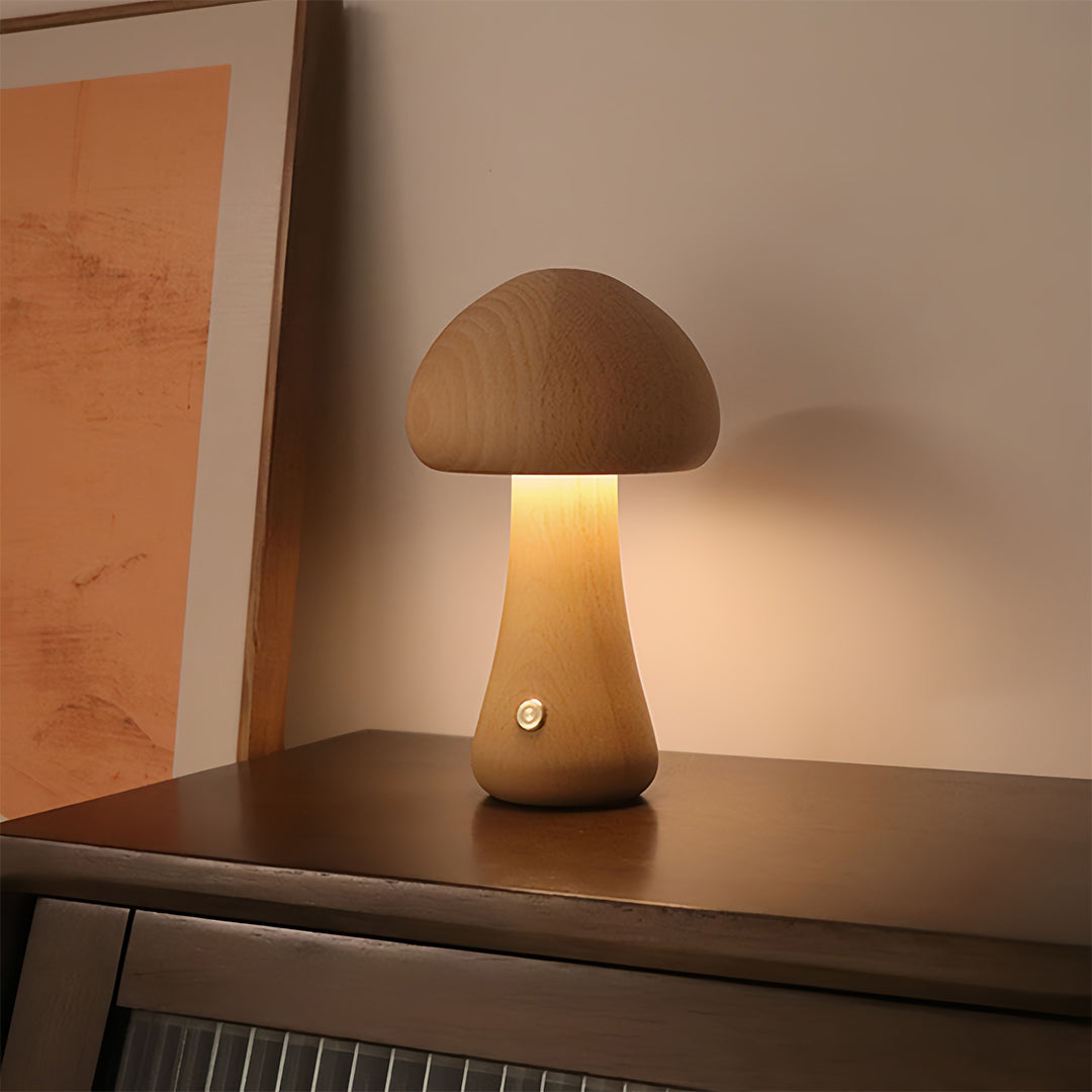 Beech Wood Mushroom LED Night Lamp Touch Dimming Four Shapes Two Finishes
