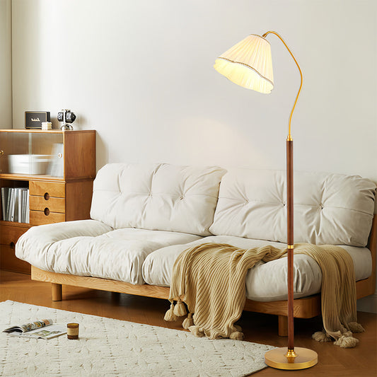 Floor Lamp Walnut Wood Fabric Shade Brass Accent LED American Retro 3 Lighting Modes Warm Neutral Dimmable Remote 62 Inch