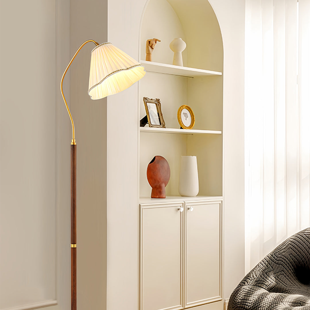 Floor Lamp Walnut Wood Fabric Shade Brass Accent LED American Retro 3 Lighting Modes Warm Neutral Dimmable Remote 62 Inch
