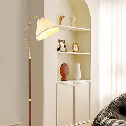 Floor Lamp Walnut Wood Fabric Shade Brass Accent LED American Retro 3 Lighting Modes Warm Neutral Dimmable Remote 62 Inch