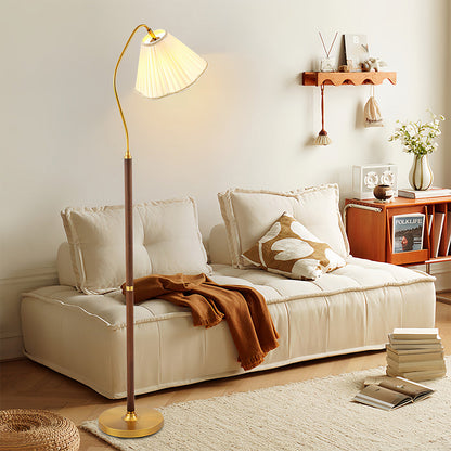 Floor Lamp Walnut Wood Fabric Shade Brass Accent LED American Retro 3 Lighting Modes Warm Neutral Dimmable Remote 62 Inch