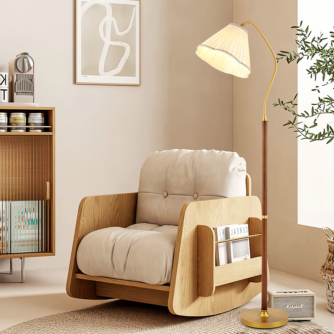 Floor Lamp Walnut Wood Fabric Shade Brass Accent LED American Retro 3 Lighting Modes Warm Neutral Dimmable Remote 62 Inch