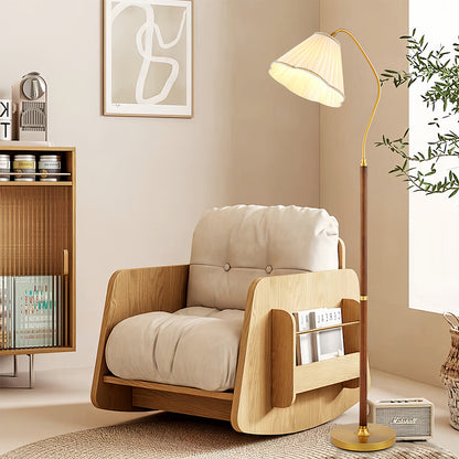 Floor Lamp Walnut Wood Fabric Shade Brass Accent LED American Retro 3 Lighting Modes Warm Neutral Dimmable Remote 62 Inch