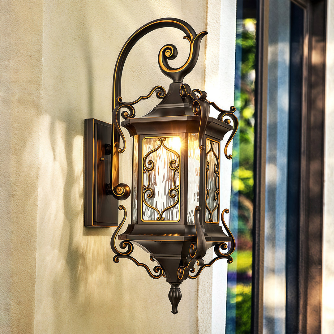 European Gilded Aluminium Outdoor Wall Lantern E27 IP65 Coffee Gold
