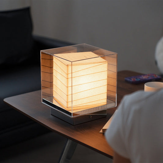 Japanese Cotton Paper Table Lamp Wabi-Sabi Zen Chrome Frame Acrylic Diffuser Warm LED 5W 9.65 Inch