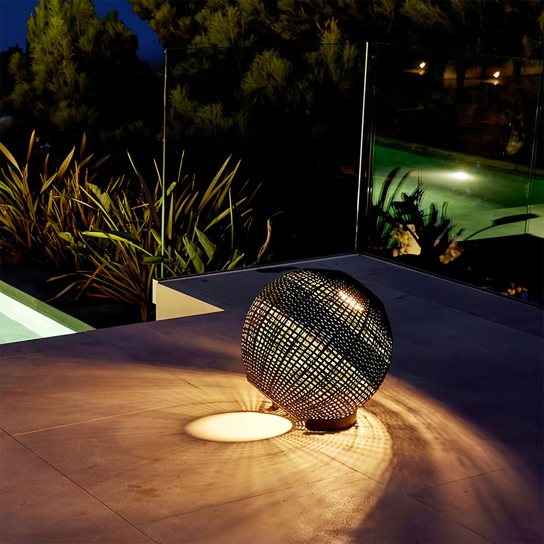 Woven Grass Vine Globe Outdoor Floor Lantern IP65 Solar/Hardwired 3000K Stainless Steel