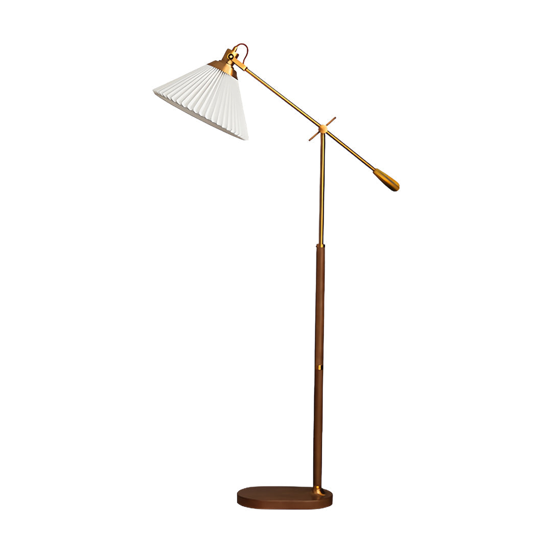 Floor Reading Lamp LED Swing Arm Pleated Fabric Shade Ash Wood Base Brass Pole Retro Luxury Dimmable Remote 2 Colors 49 Inch