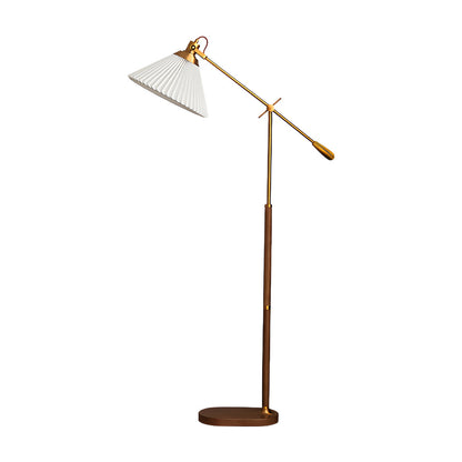 Floor Reading Lamp LED Swing Arm Pleated Fabric Shade Ash Wood Base Brass Pole Retro Luxury Dimmable Remote 2 Colors 49 Inch
