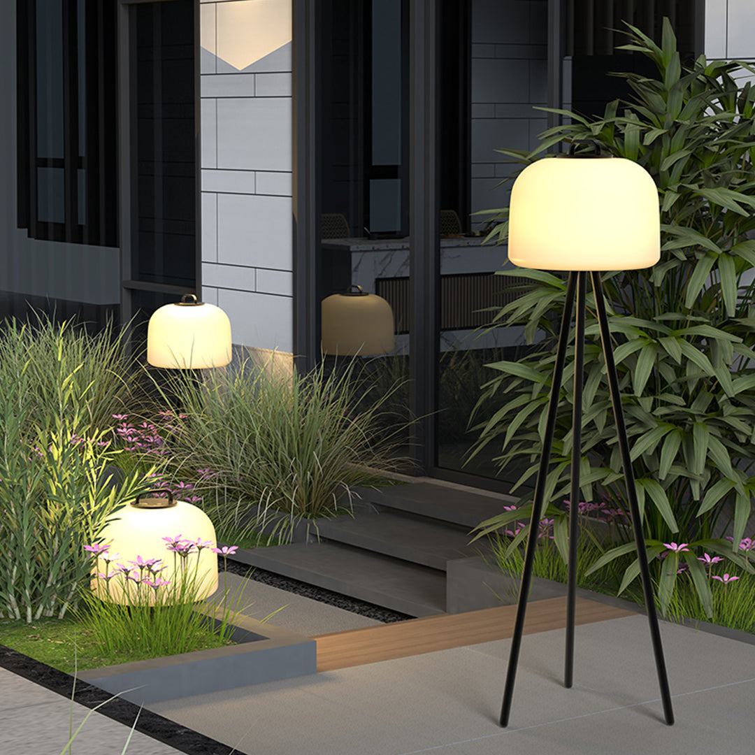 Tripod Stainless Steel PE Globe LED Outdoor Floor Lamp IP65 USB Rechargeable 3000K