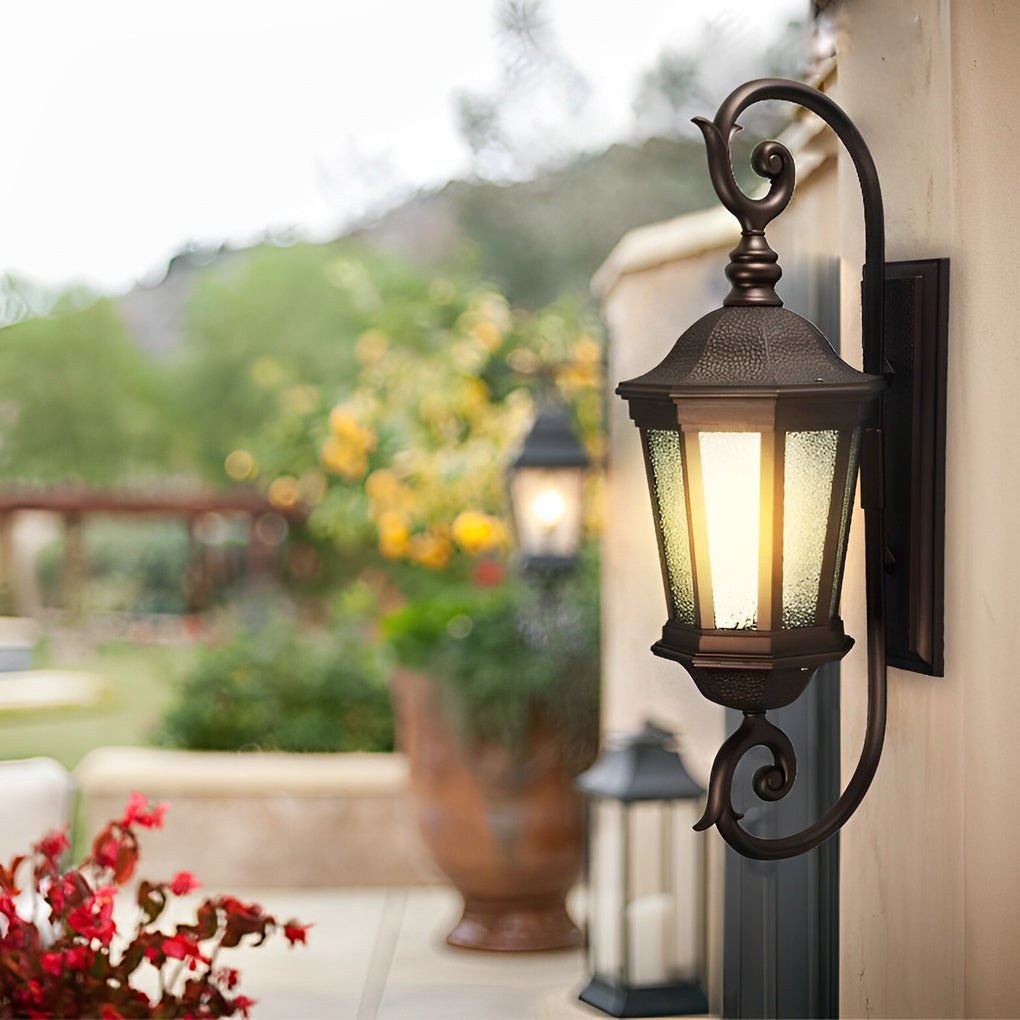 Retro European Outdoor Wall Sconce Brown Aluminum Glass E27 2 Sizes