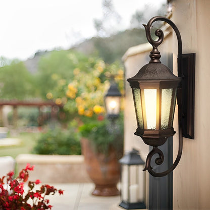 Retro European Outdoor Wall Sconce Brown Aluminum Glass E27 2 Sizes