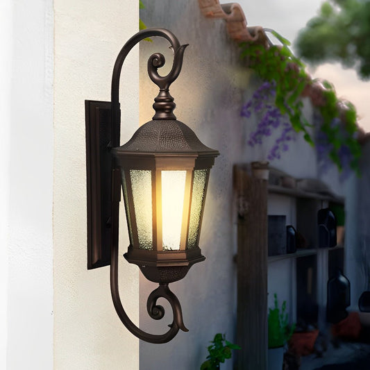 Retro European Outdoor Wall Sconce Brown Aluminum Glass E27 2 Sizes