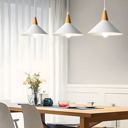 Nordic White Metal Cone Pendant Light with Rubberwood Top