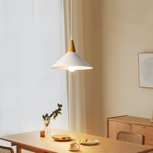 Nordic White Metal Cone Pendant Light with Rubberwood Top