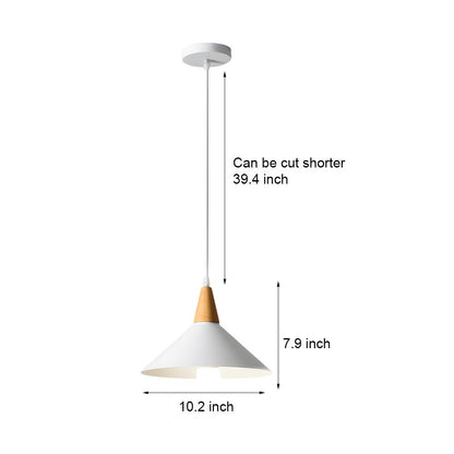 Nordic White Metal Cone Pendant Light with Rubberwood Top