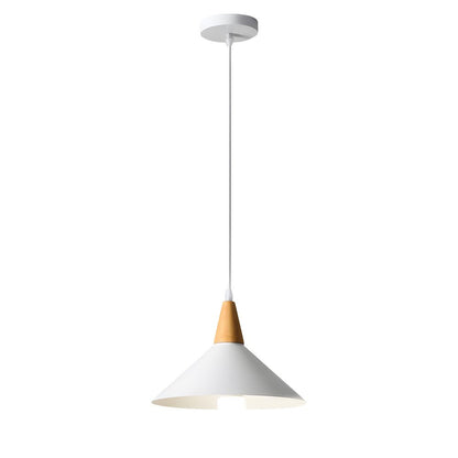 Nordic White Metal Cone Pendant Light with Rubberwood Top
