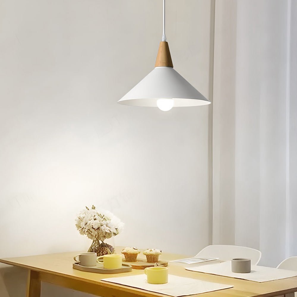 Nordic White Metal Cone Pendant Light with Rubberwood Top