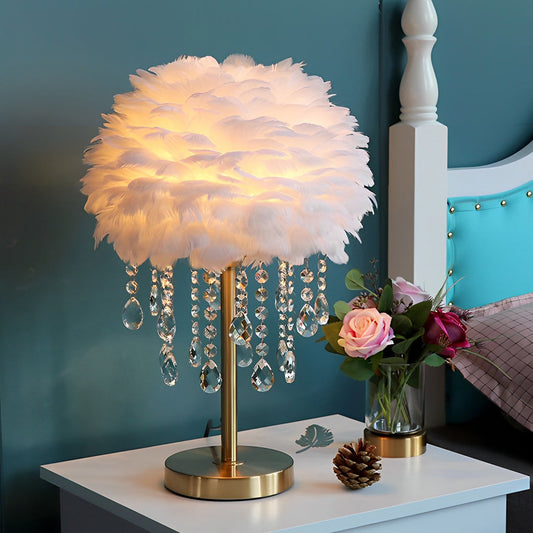 Feather Crystal Tassel Table Lamp Brushed Brass E27 White Pink Gray Two Sizes