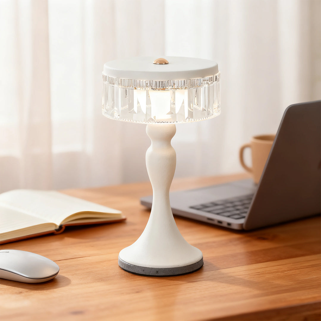 Nordic Forged Iron Pedestal Table Lamp Crystalline Acrylic Ring Shade USB Rechargeable Touch Dimmable Black White 10.04 Inch
