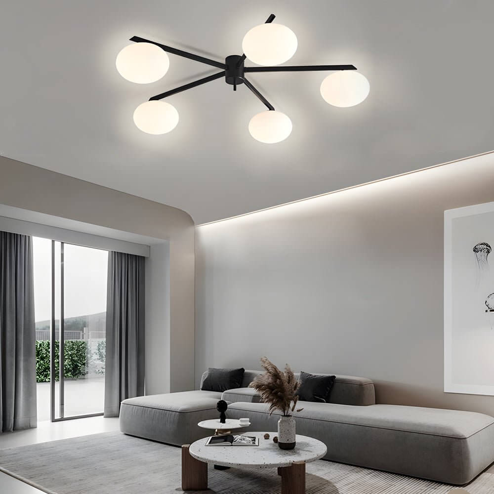 White Glass Bubble Semi-Flush Mount — Black Iron E27 Nordic Modern 3 4 5 Light
