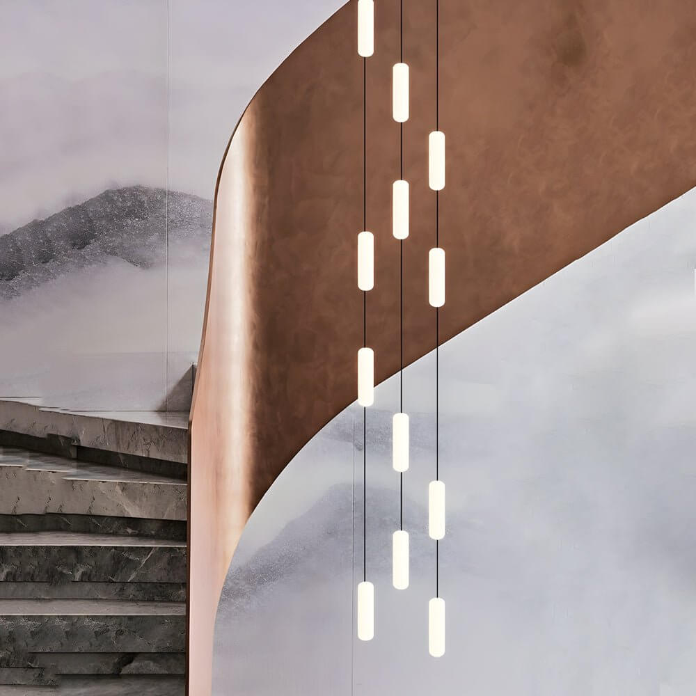 Staircase Chandelier Iron Black Frosted White PE Cylinder Tube Integrated LED Modern 3-Step Colour Temperature Round or Long Canopy Eight Configurations 2-Light to 18-Light