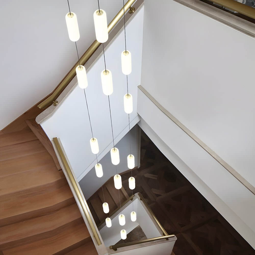 Staircase Chandelier Iron Black Frosted White PE Cylinder Tube Integrated LED Modern 3-Step Colour Temperature Round or Long Canopy Eight Configurations 2-Light to 18-Light