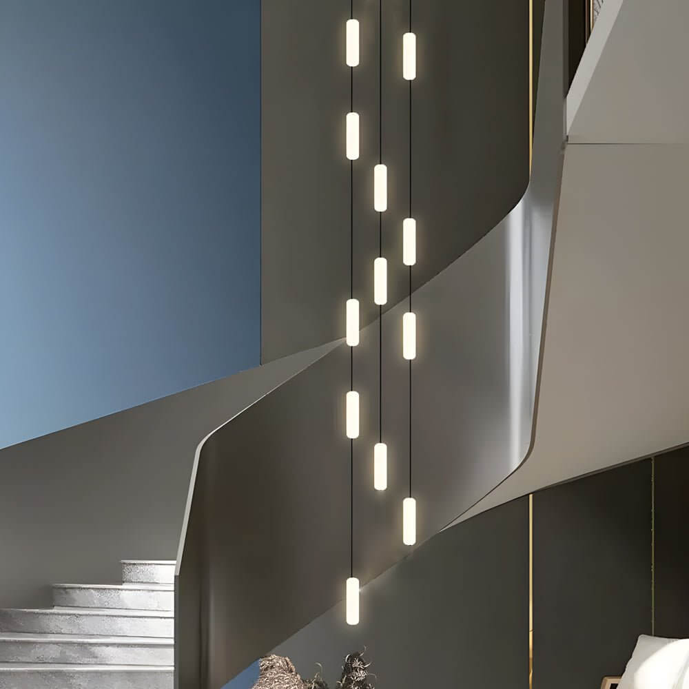 Staircase Chandelier Iron Black Frosted White PE Cylinder Tube Integrated LED Modern 3-Step Colour Temperature Round or Long Canopy Eight Configurations 2-Light to 18-Light