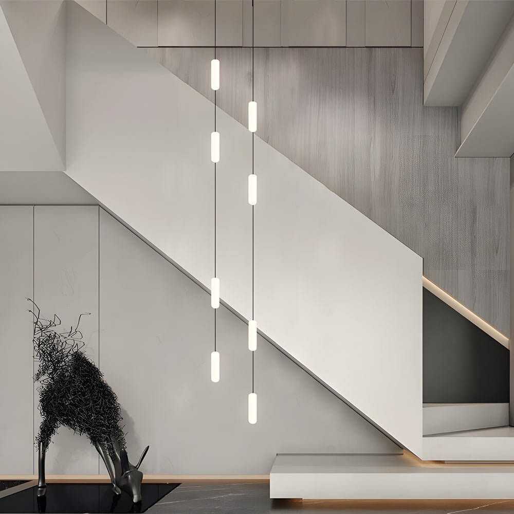 Staircase Chandelier Iron Black Frosted White PE Cylinder Tube Integrated LED Modern 3-Step Colour Temperature Round or Long Canopy Eight Configurations 2-Light to 18-Light