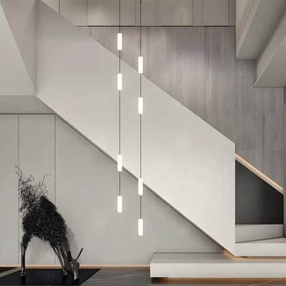 Staircase Chandelier Iron Black Frosted White PE Cylinder Tube Integrated LED Modern 3-Step Colour Temperature Round or Long Canopy Eight Configurations 2-Light to 18-Light