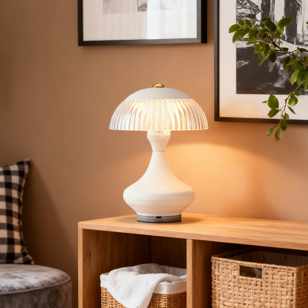 Ceramic Style Hourglass Table Lamp Ribbed Acrylic Mushroom Shade USB Rechargeable Stepless Touch Dimmable Black White 7.87 Inch