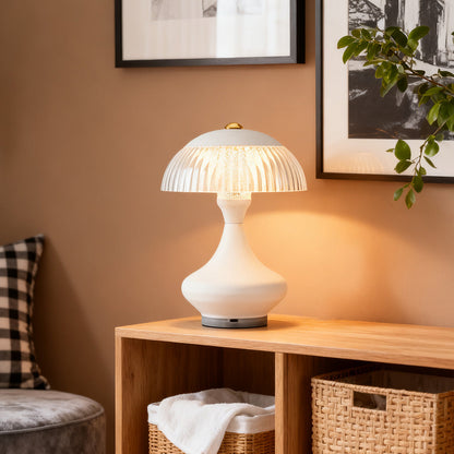Ceramic Style Hourglass Table Lamp Ribbed Acrylic Mushroom Shade USB Rechargeable Stepless Touch Dimmable Black White 7.87 Inch
