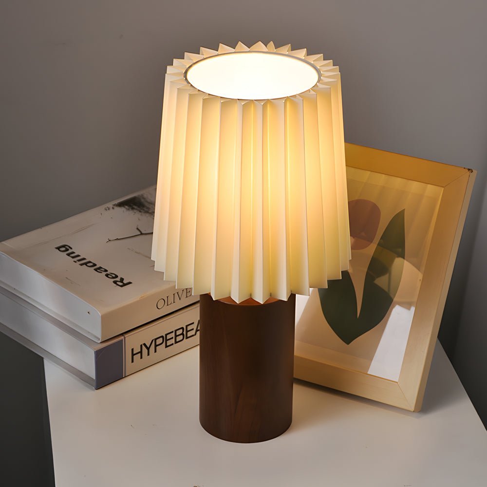 Wood Column Table Lamp Pleated Empire Fabric Shade E27 3-Step CCT Walnut or Natural Wood