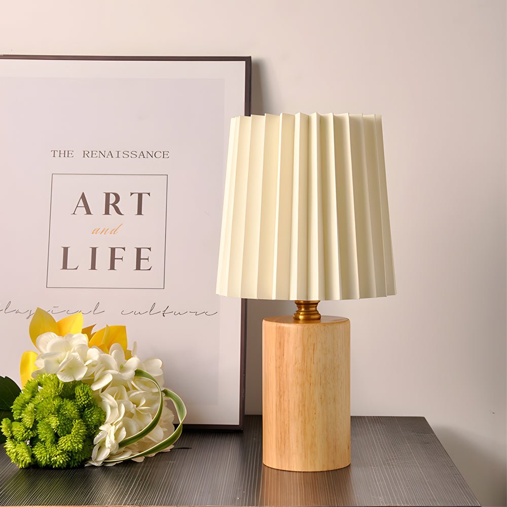 Wood Column Table Lamp Pleated Empire Fabric Shade E27 3-Step CCT Walnut or Natural Wood