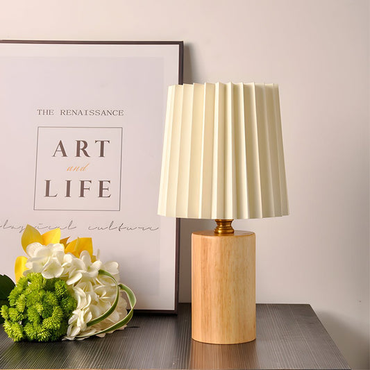 Wood Column Table Lamp Pleated Empire Fabric Shade E27 3-Step CCT Walnut or Natural Wood