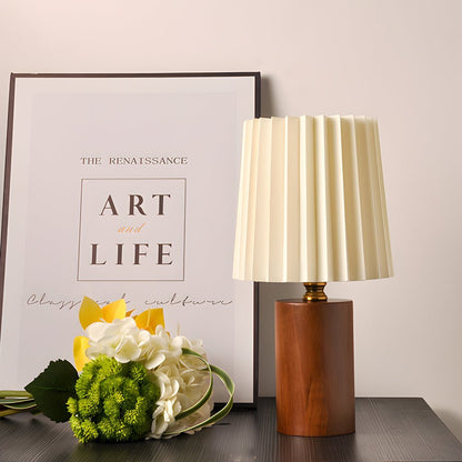 Wood Column Table Lamp Pleated Empire Fabric Shade E27 3-Step CCT Walnut or Natural Wood