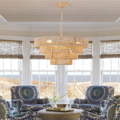 Wabi-Sabi Chandelier Hand-Wrapped Jute Rope Iron Frame Japandi Dining Room Living Room