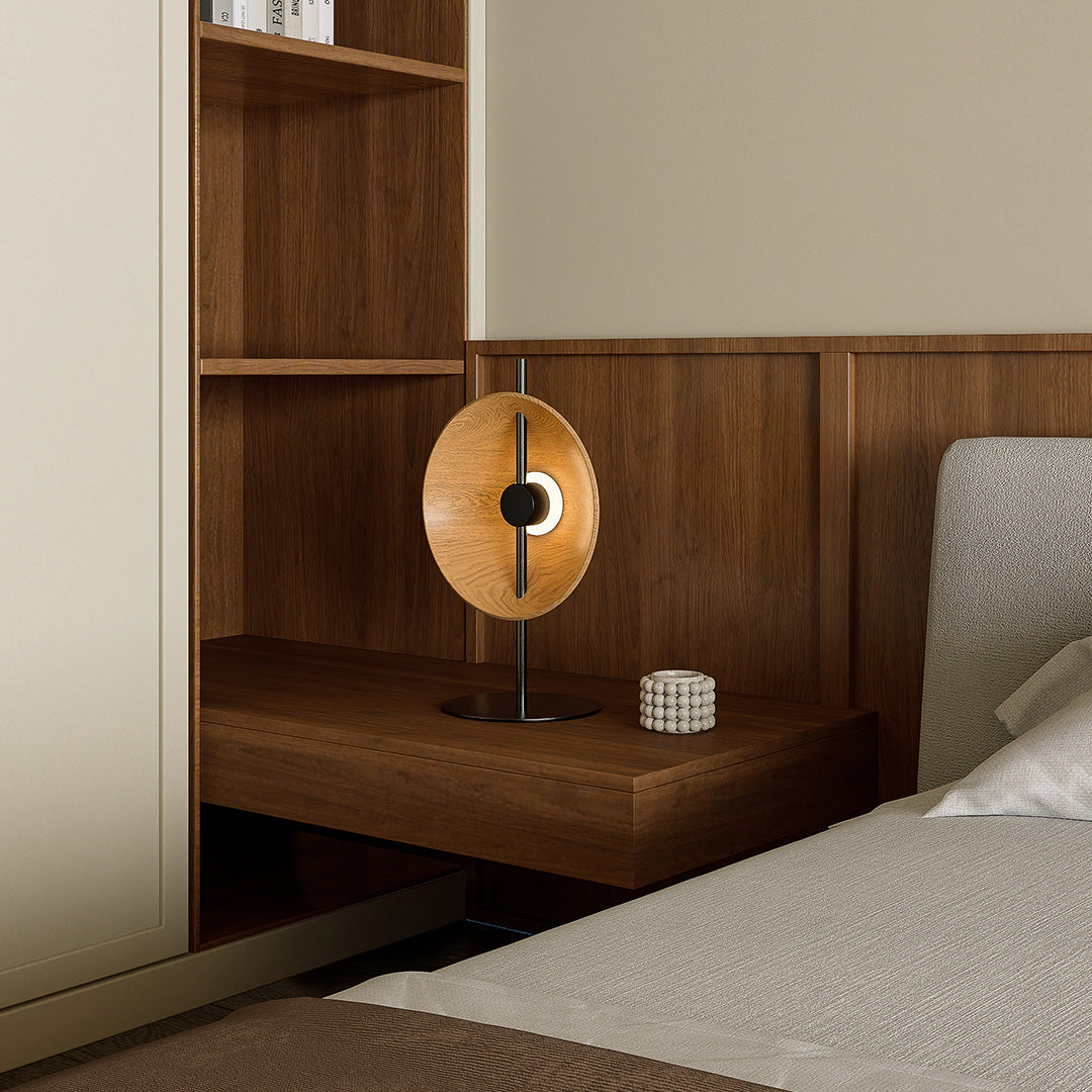 Ash Wood Round Disc Table Lamp Modern Minimalist LED Warm White Black or Natural 20.47 Inch