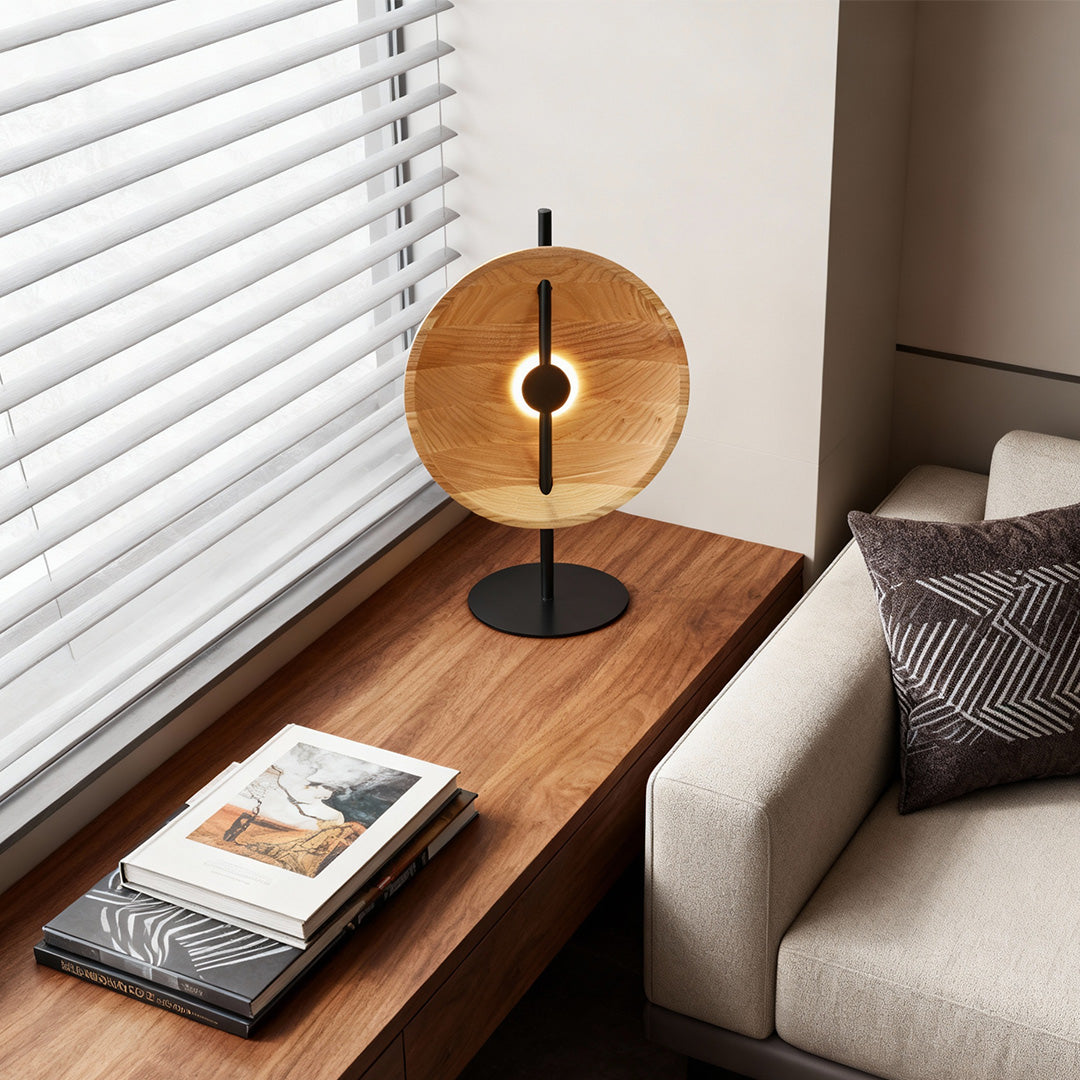 Ash Wood Round Disc Table Lamp Modern Minimalist LED Warm White Black or Natural 20.47 Inch