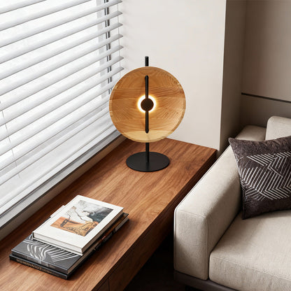 Ash Wood Round Disc Table Lamp Modern Minimalist LED Warm White Black or Natural 20.47 Inch